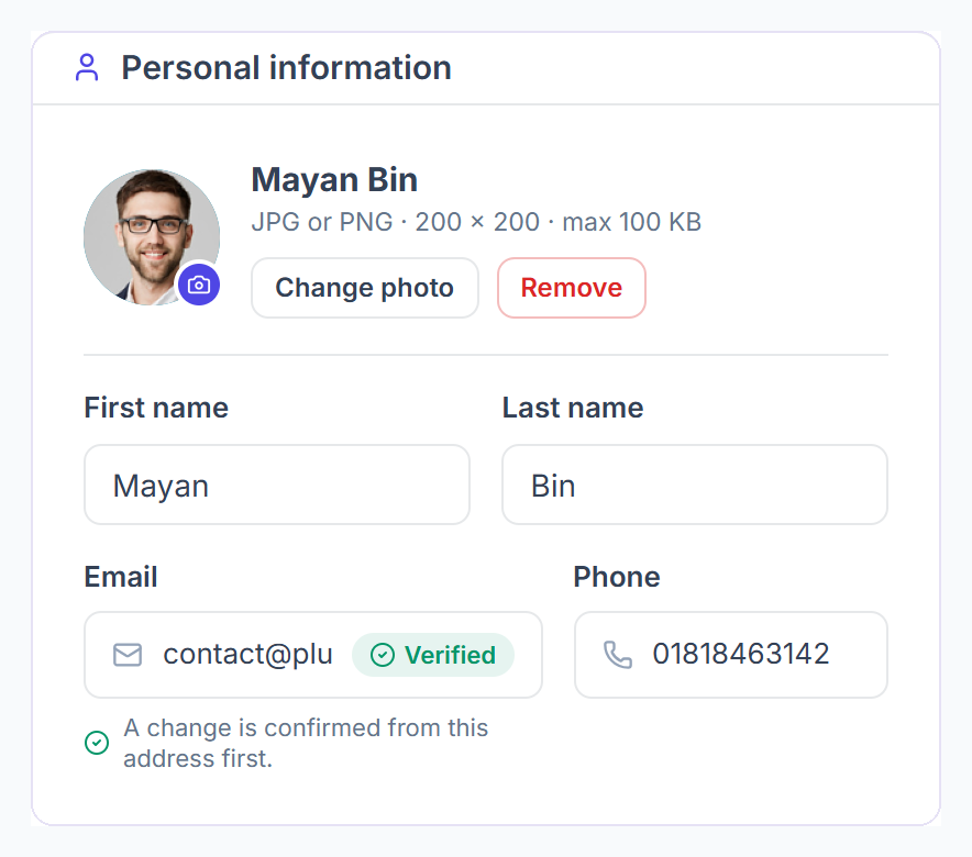 Profile personal information with photo, name, email and phone