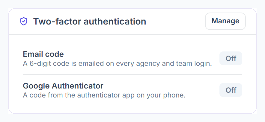 Two-factor authentication status on the profile for email code and Google Authenticator
