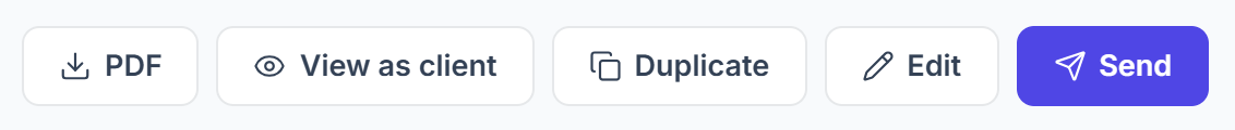 PDF, View as client, Duplicate, Edit and Send buttons on a Clientish proposal
