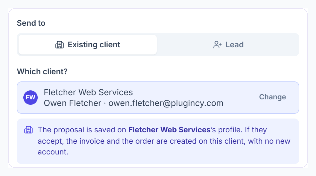 New proposal form in Clientish: Send to an existing client or a lead, with a client selected