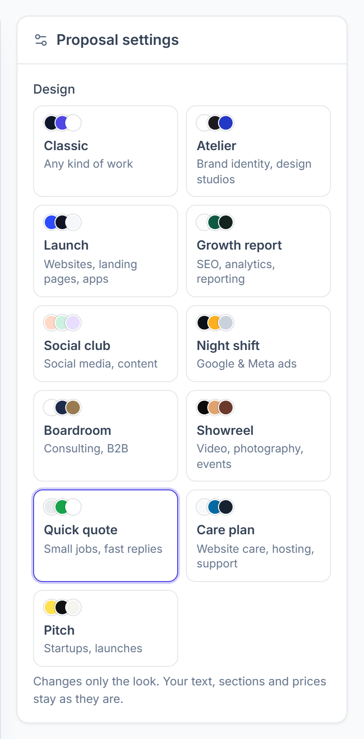 The 11 Clientish proposal design styles in Proposal settings