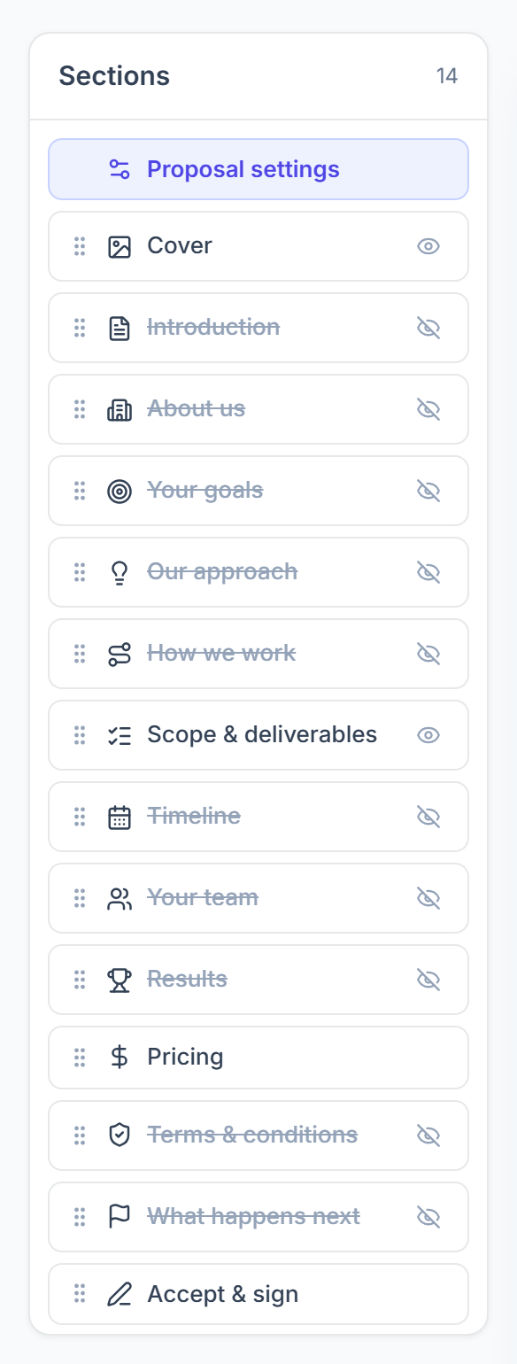 Clientish proposal editor sections list with hidden sections crossed out