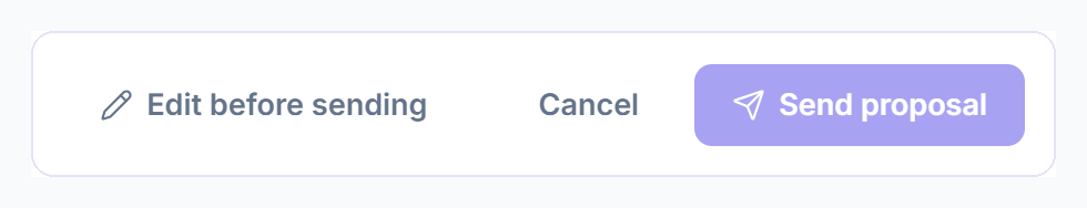 Edit before sending, Cancel and Send proposal buttons in Clientish