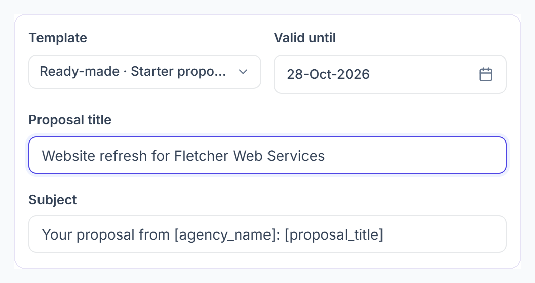 Template, Valid until, Proposal title and Subject fields in the Clientish new proposal form