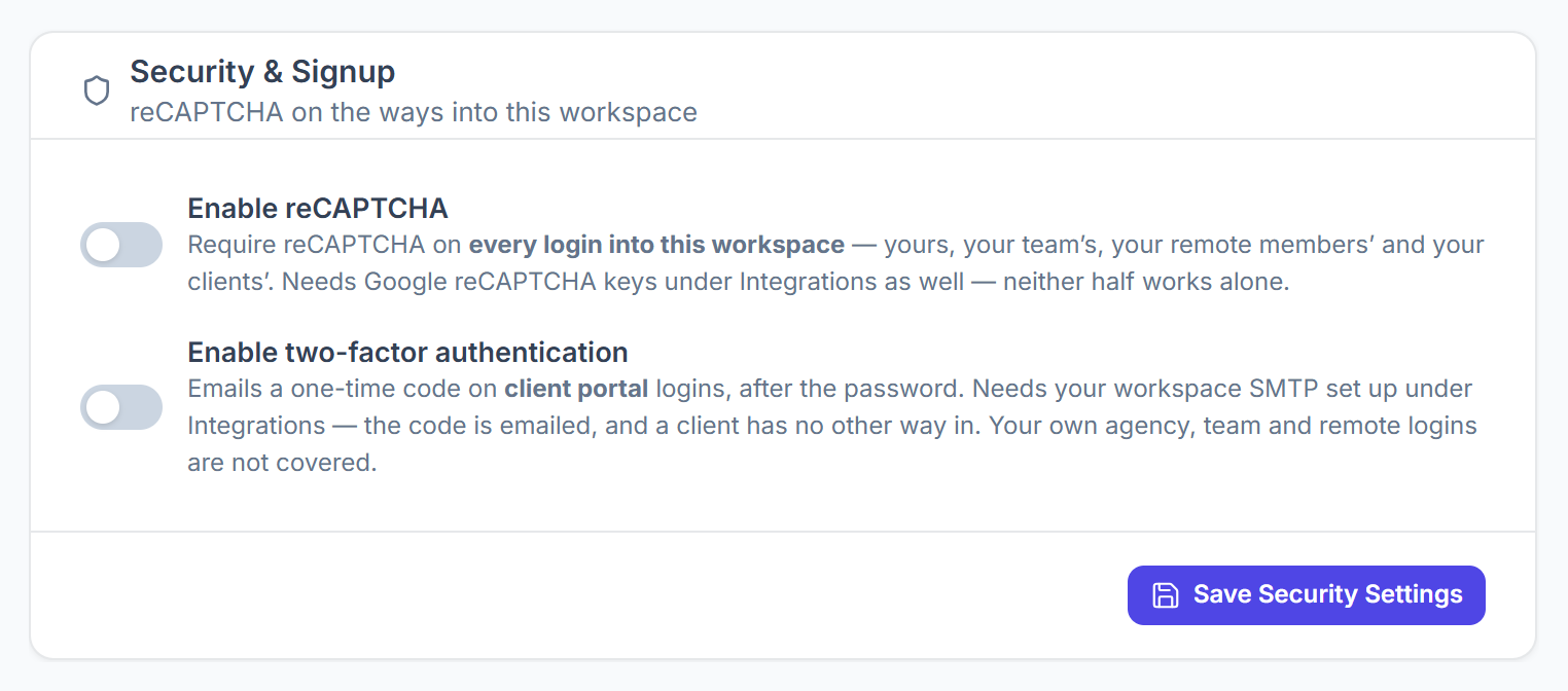 Security and Signup settings with the Enable reCAPTCHA switch