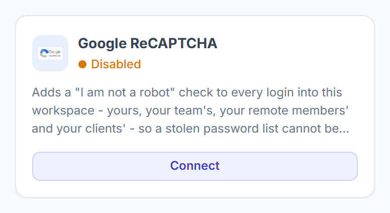 Google reCAPTCHA card in Integrations