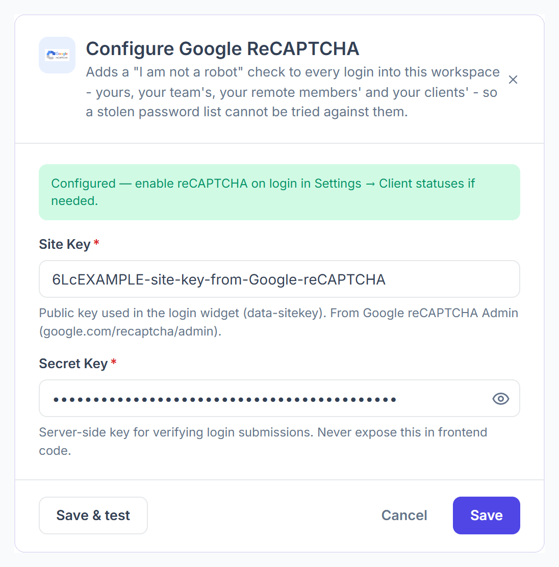 Configure Google reCAPTCHA dialog with the Site Key and Secret Key
