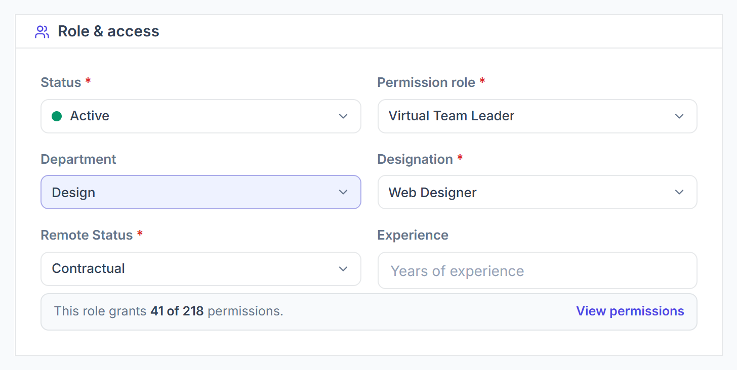 Remote member Role and access with Status, Permission role, Department, Designation and Remote Status