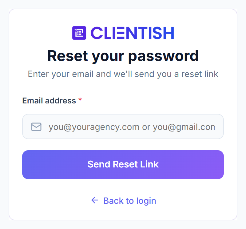 Reset your password page with the email field and Send Reset Link