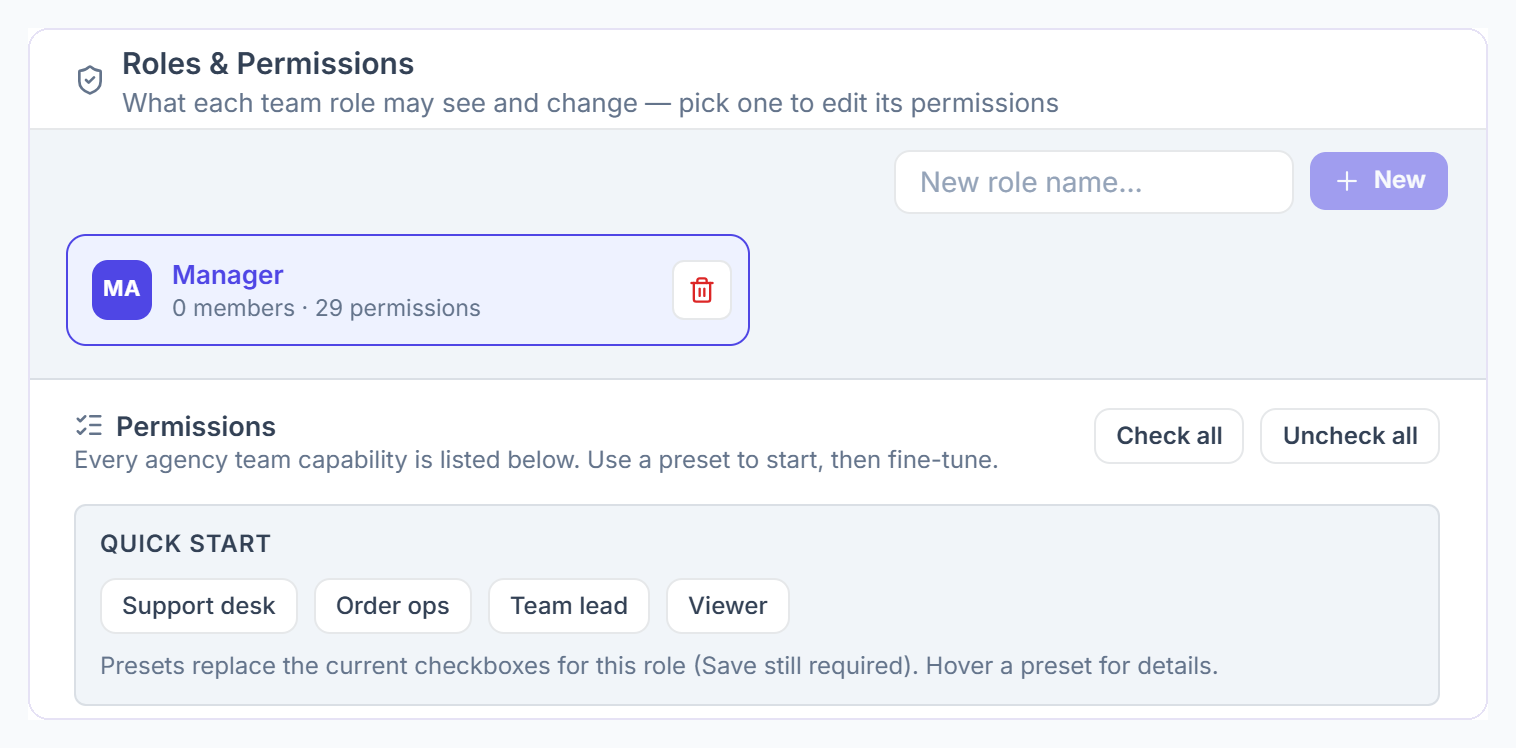 Roles and Permissions with a role, new role name and Quick start presets