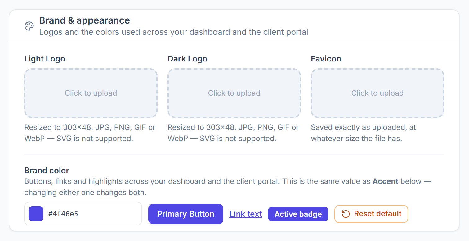 Brand and appearance card with light logo, dark logo, favicon and brand color
