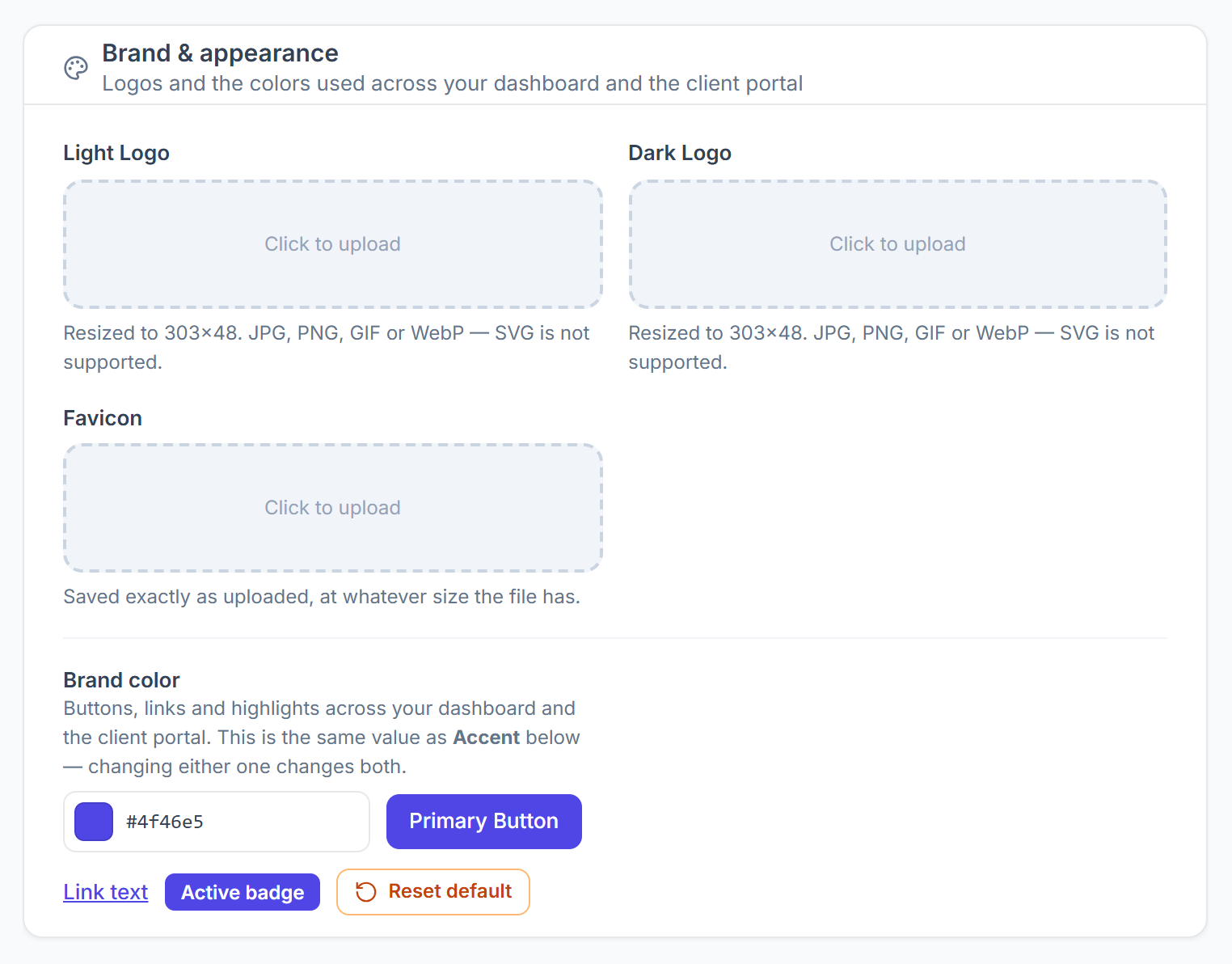 Brand and appearance settings with light logo, dark logo, favicon and brand color