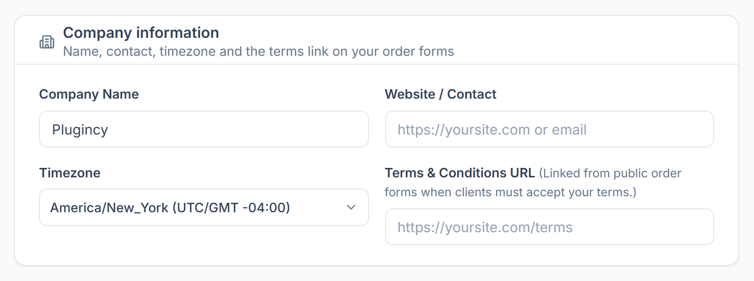 Company information card with company name, website, timezone and terms URL