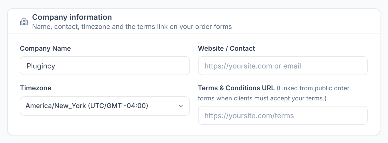 Company information in Settings: company name, website, timezone and terms URL