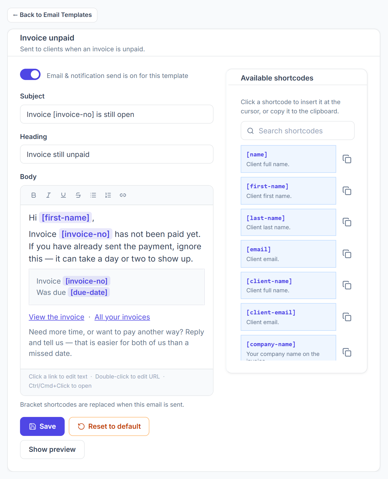 Email template editor with subject, heading, body and the shortcode list