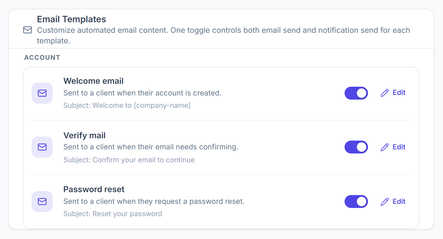Email Templates list with the Account group, on and off switches and Edit links