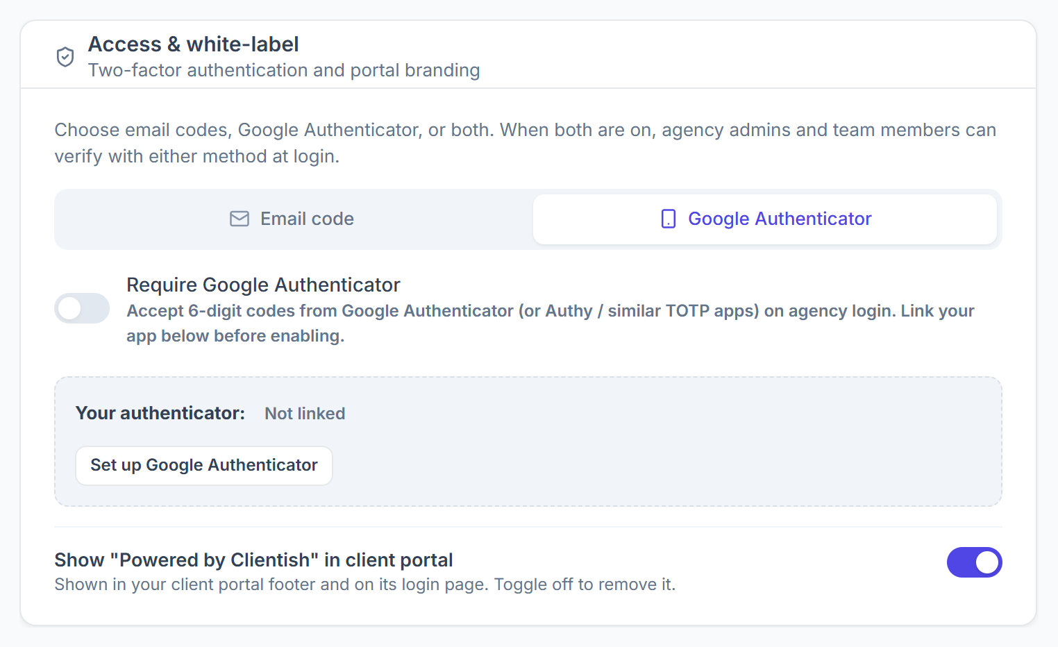 Google Authenticator tab with Require Google Authenticator and Set up Google Authenticator