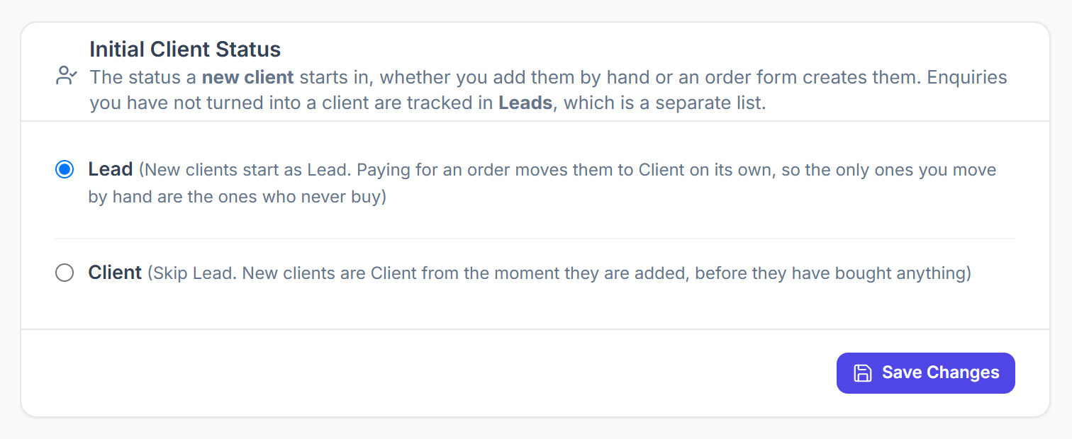 Initial Client Status card with Lead and Client options