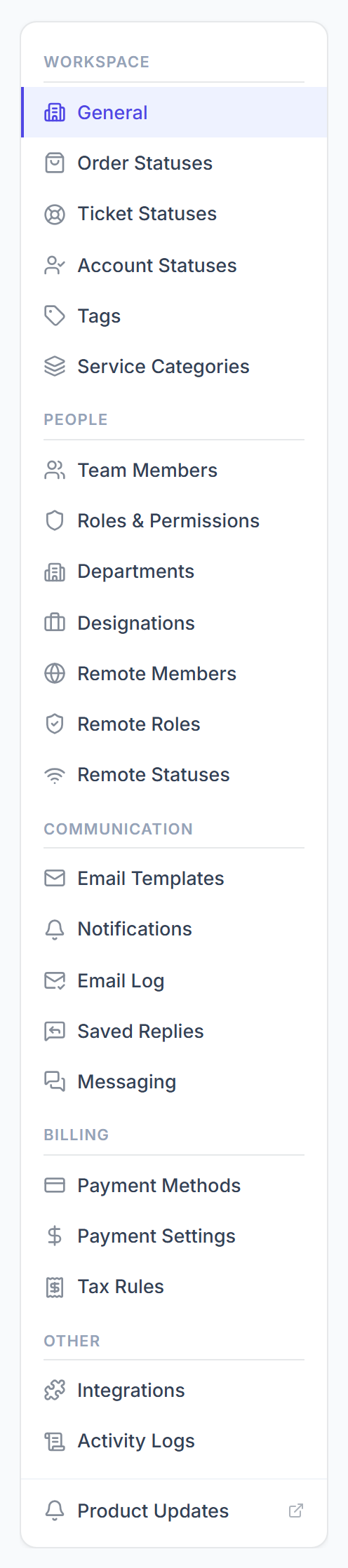 Settings menu with the Workspace, People, Communication, Billing and Other groups