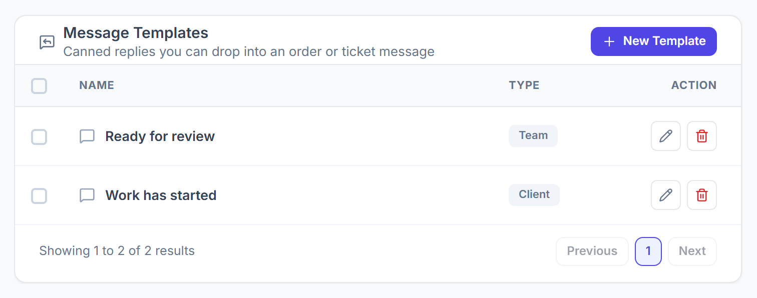 Message Templates list with client and team templates