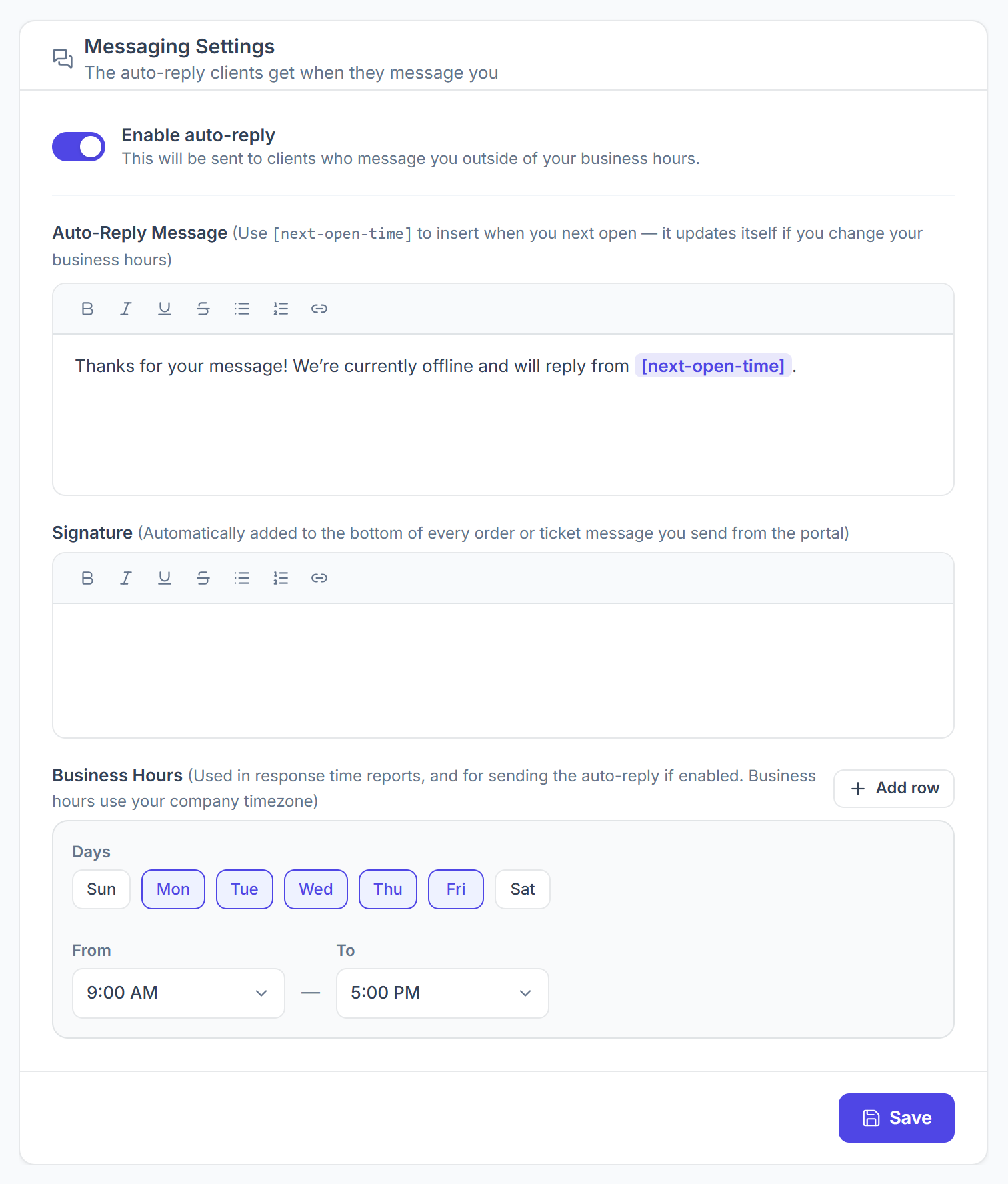 Messaging Settings with auto-reply, signature and business hours