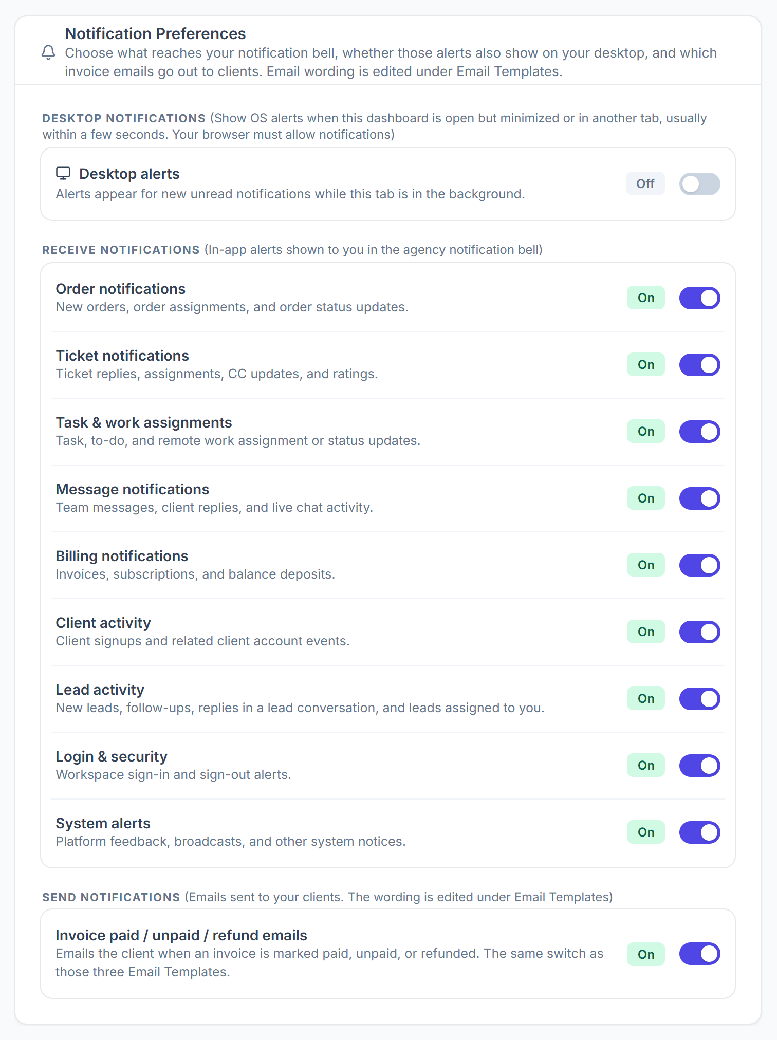 Notification Preferences with desktop alerts, nine bell categories and invoice emails