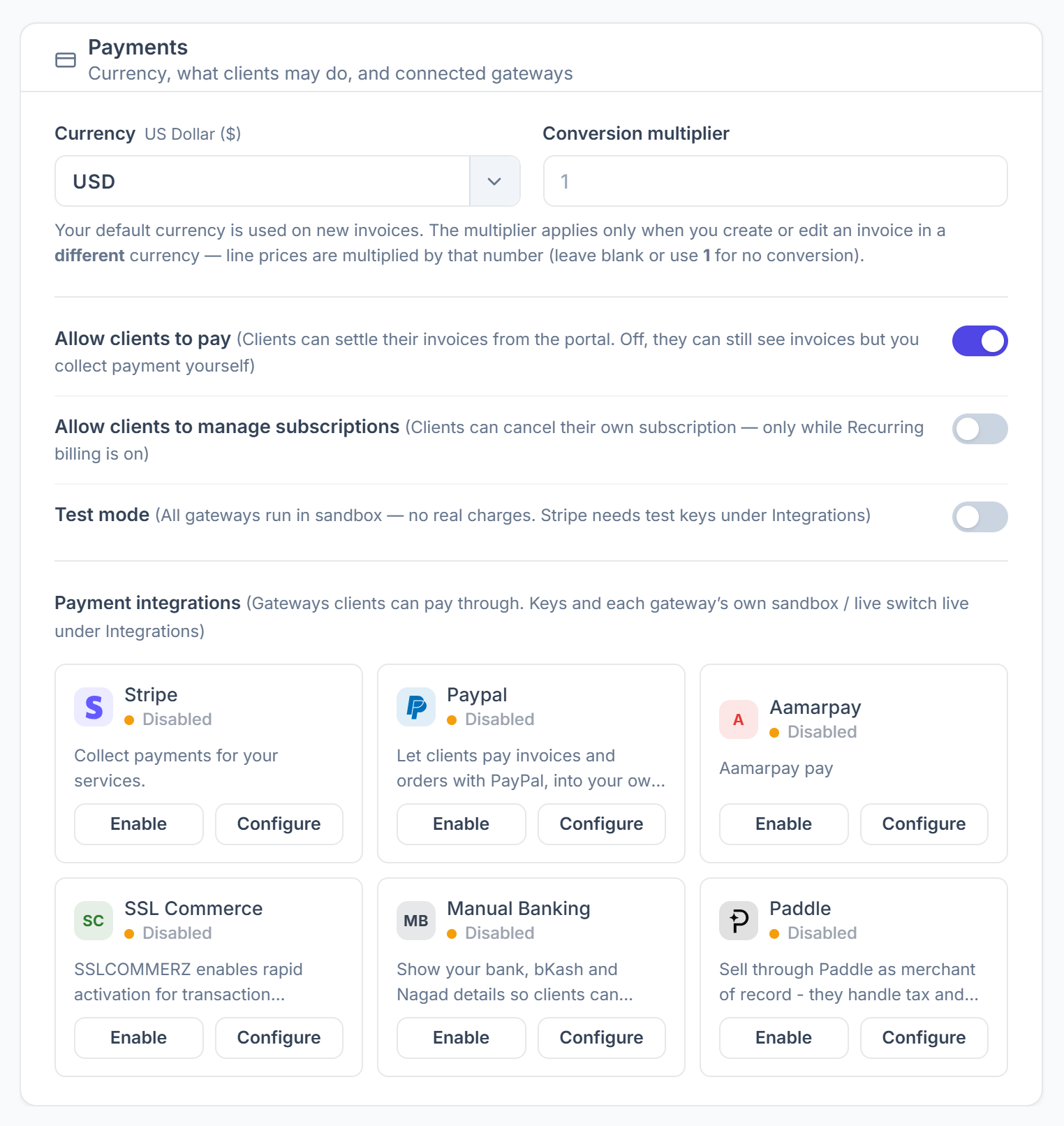 Payment Settings with currency, allow clients to pay, test mode and payment integrations