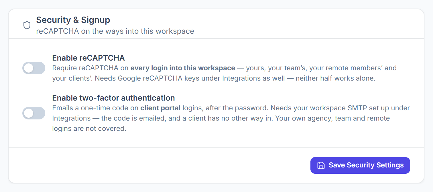 Security and Signup card with reCAPTCHA and client two-factor switches