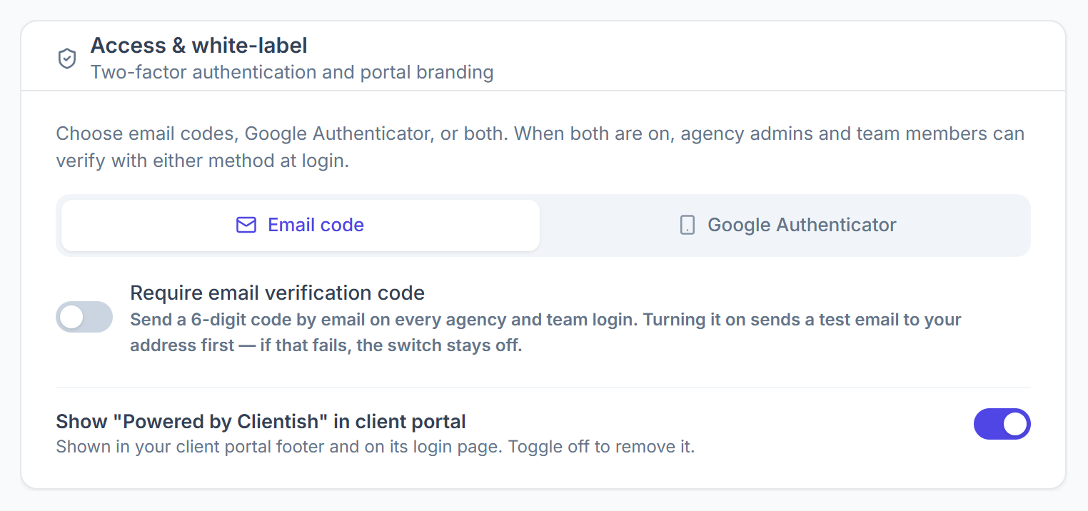 Access and white-label settings with email code and Google Authenticator two-factor options