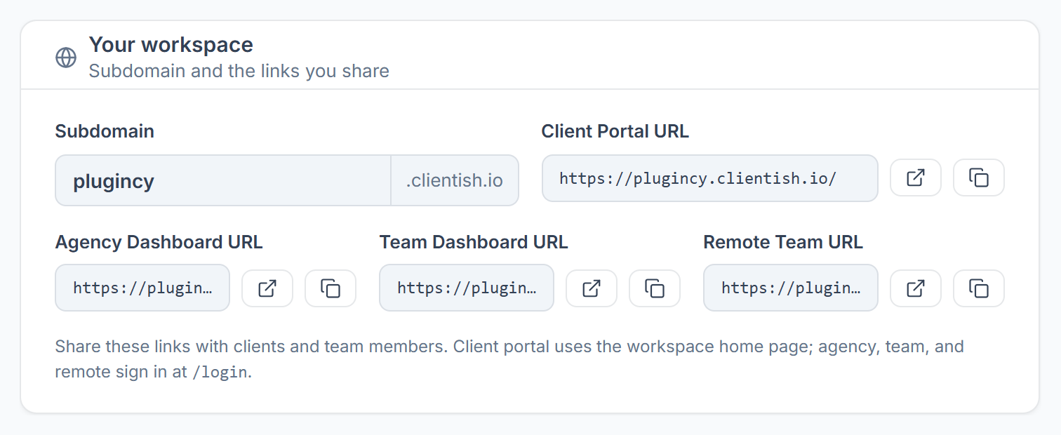 Your workspace card with the subdomain and the client portal, agency, team and remote links