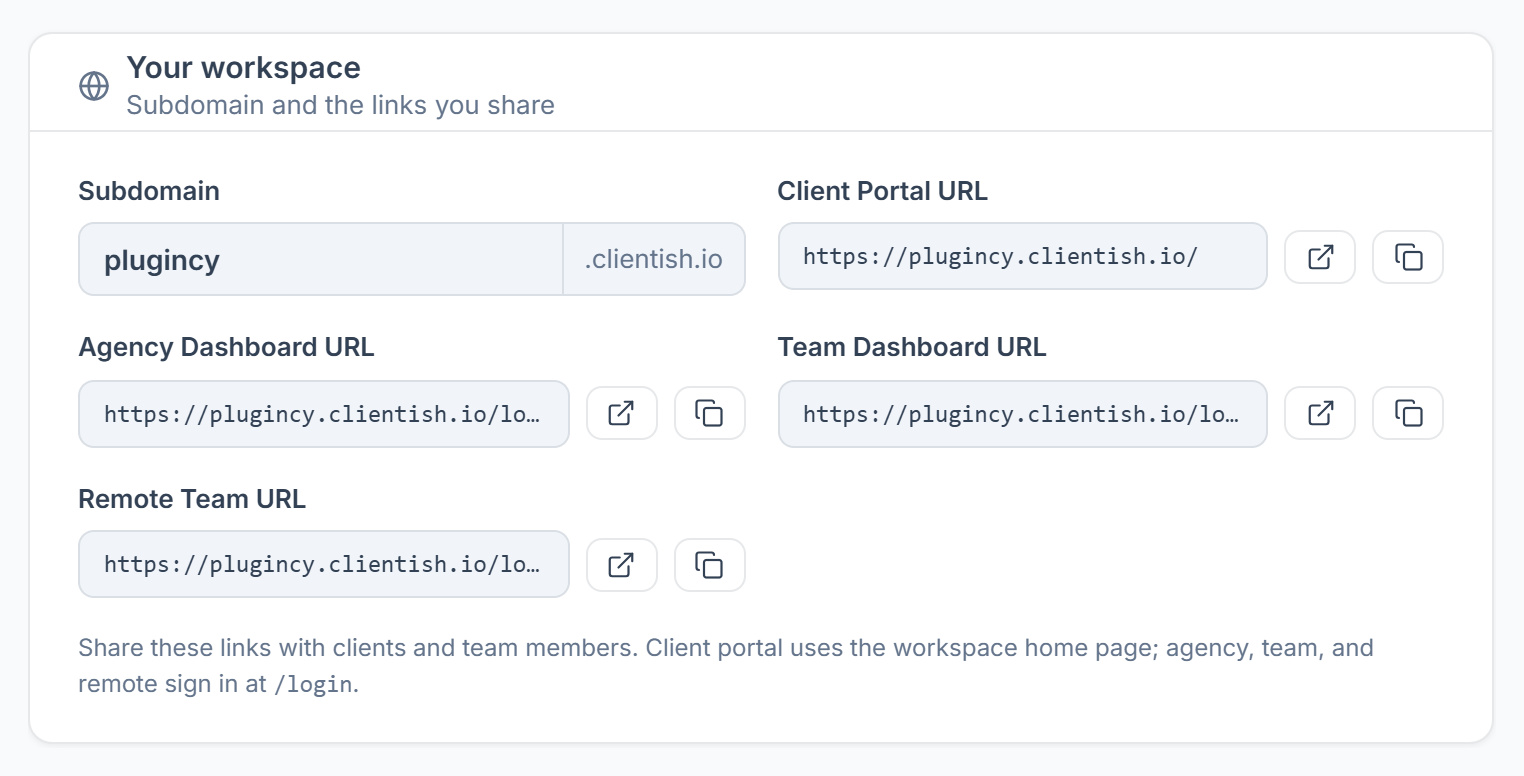 Your workspace settings with the subdomain and the client portal, agency, team and remote sign-in links