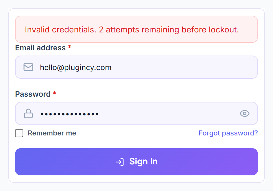 Sign-in page showing Invalid credentials with 2 attempts remaining before lockout
