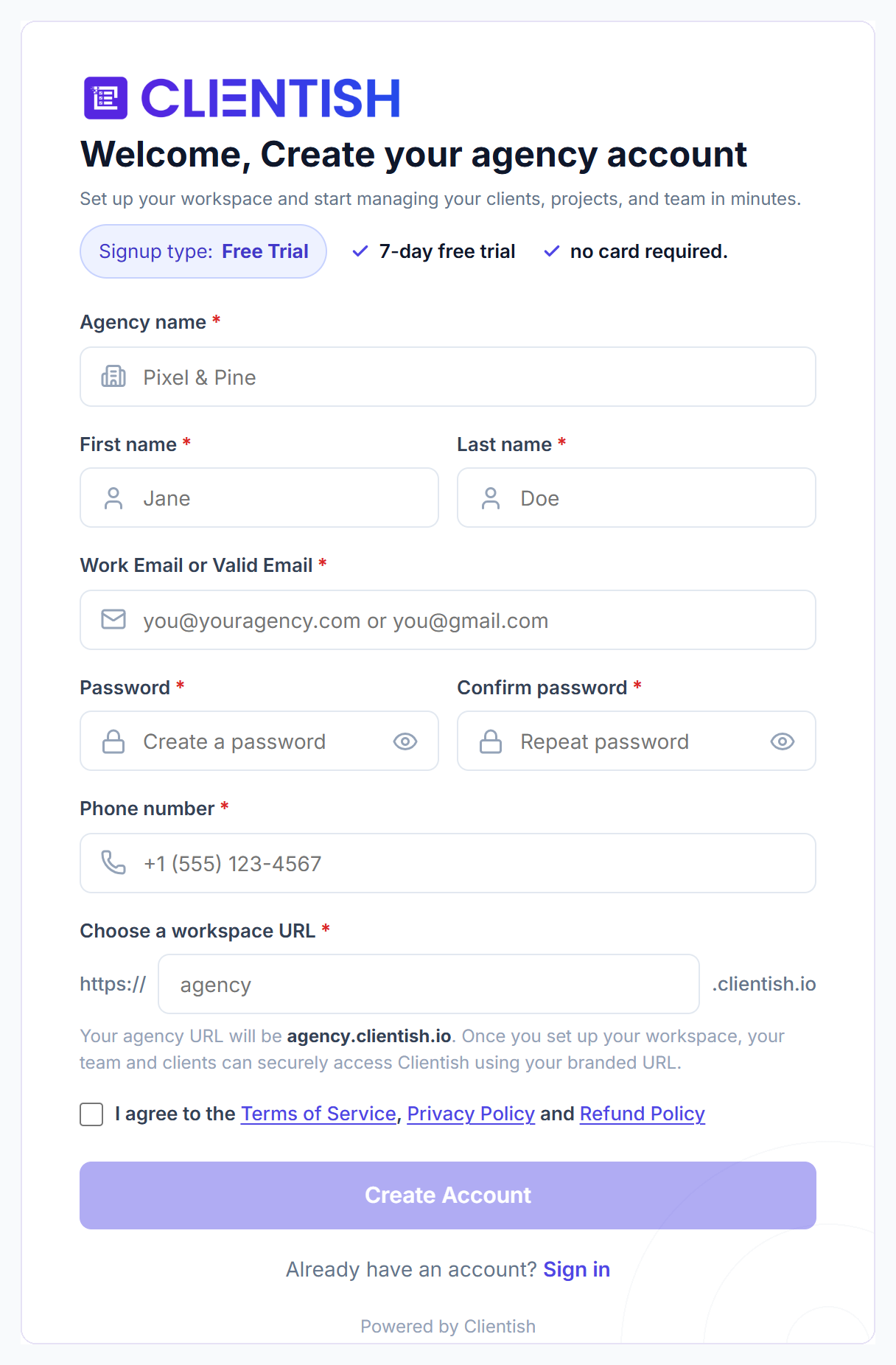 Clientish free trial sign-up form with agency name, name, email, password, phone number and workspace URL