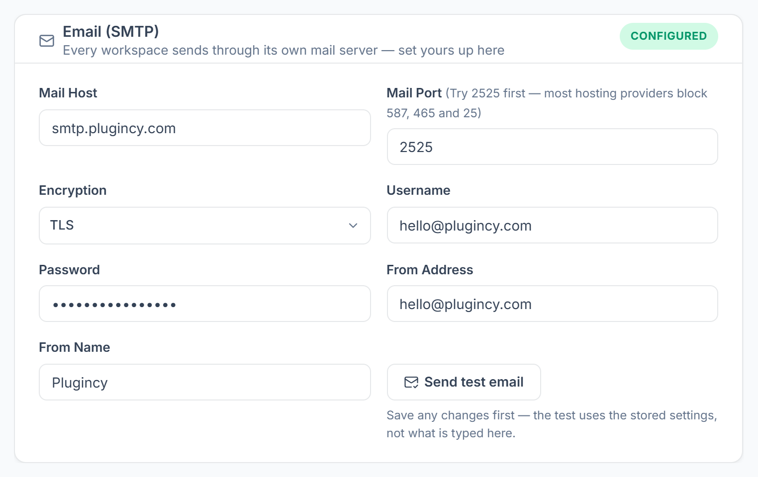 Email (SMTP) settings in Settings, General, with the Send test email button