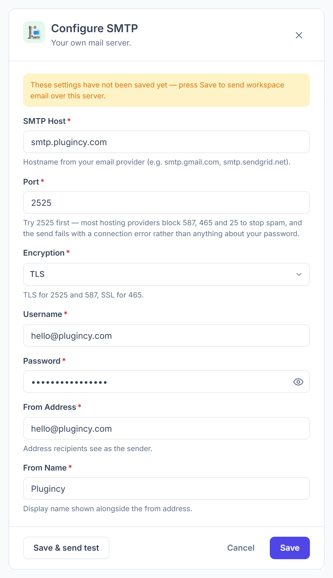 Configure SMTP dialog with host, port, encryption, username, password, from address and from name