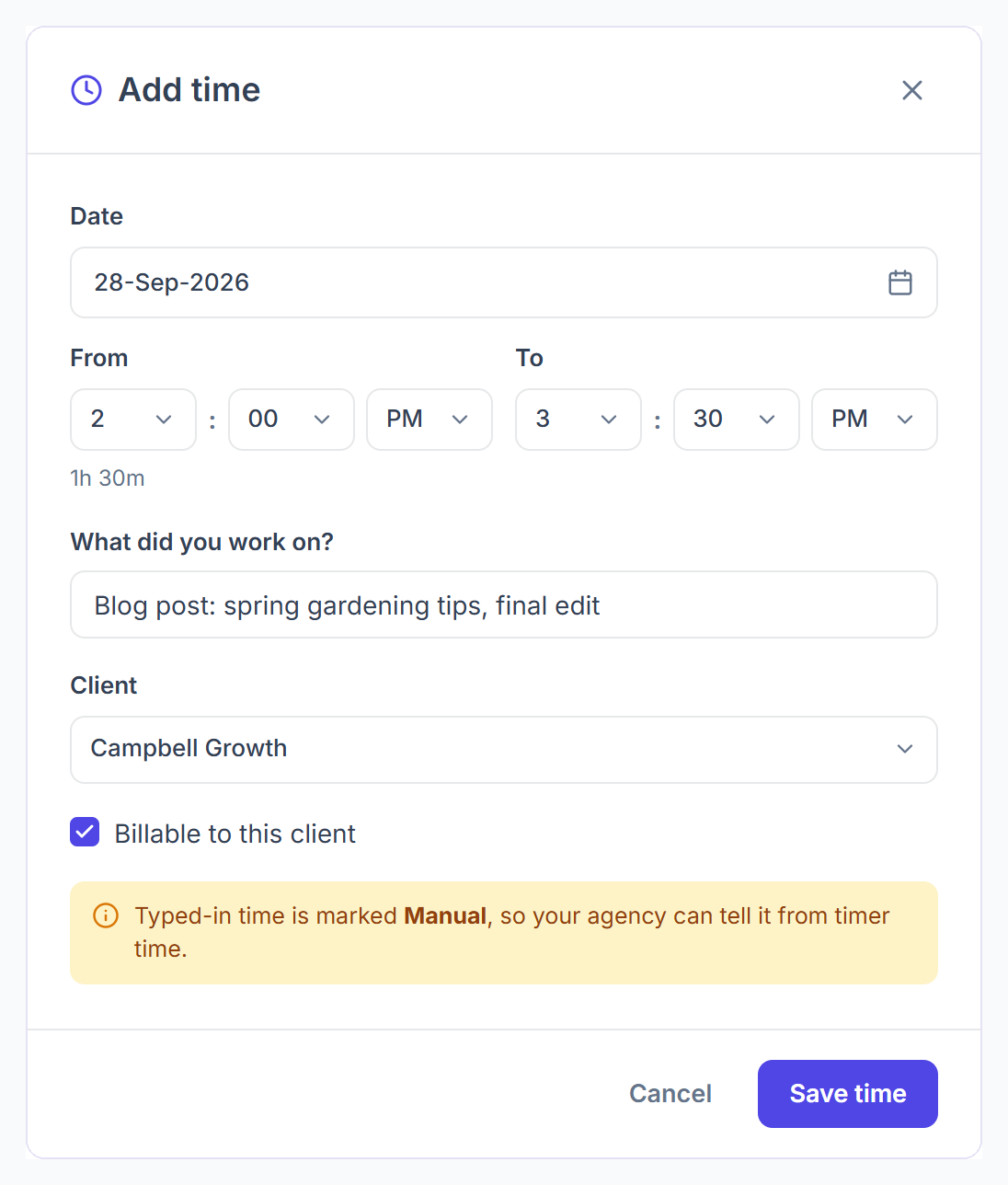 Add time dialog with the date, From and To times, what you worked on, the client and Billable