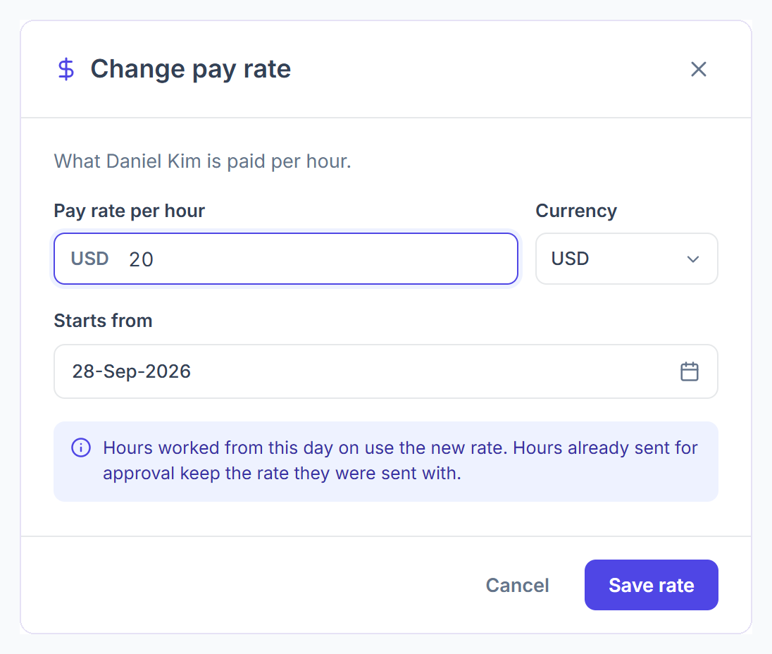 Change pay rate dialog with rate, currency and start date