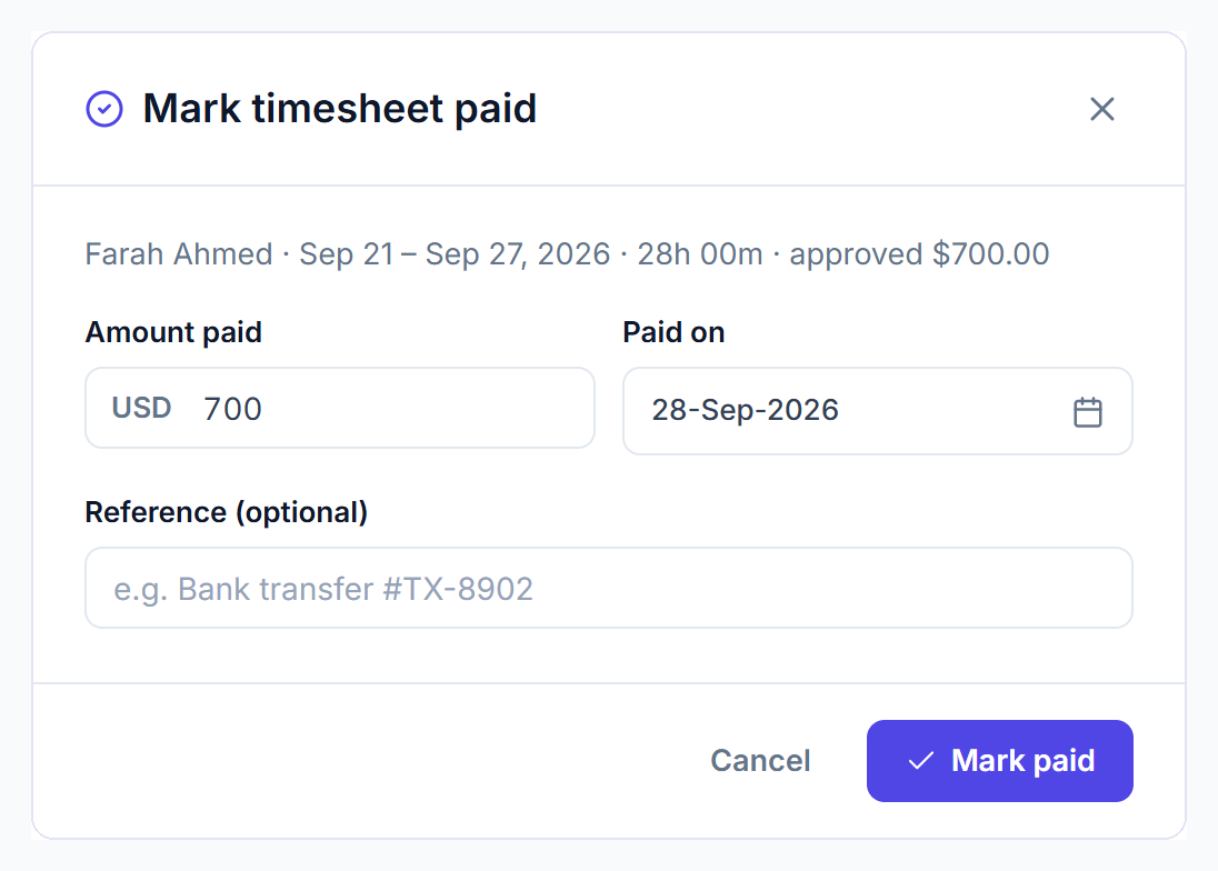 Mark timesheet paid dialog with amount, date and reference