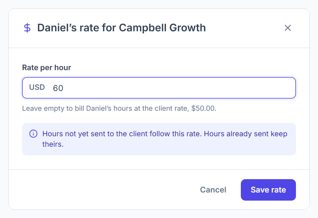 Dialog to set a member's own hourly rate for one client