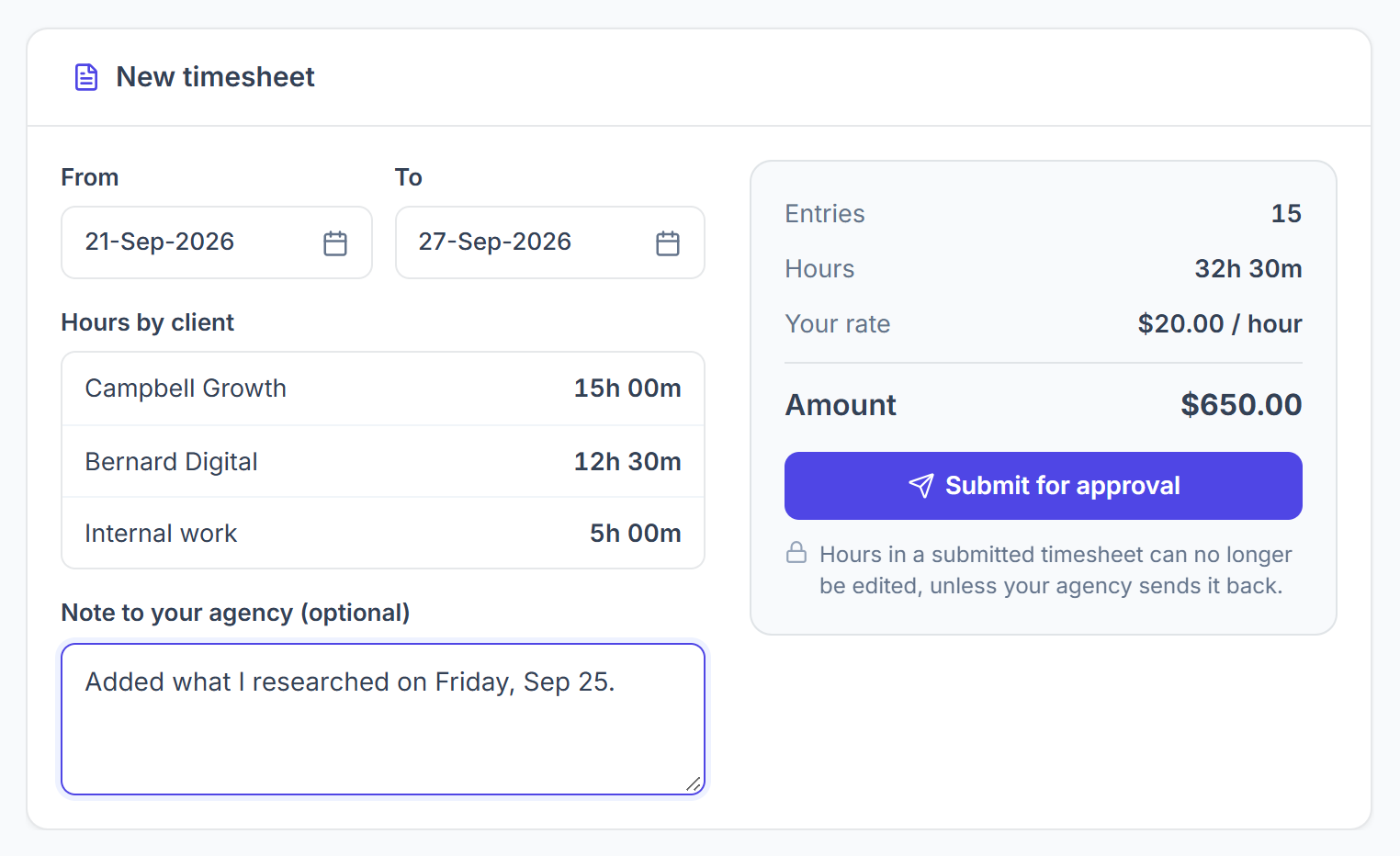 New timesheet with dates, hours by client, amount and Submit for approval