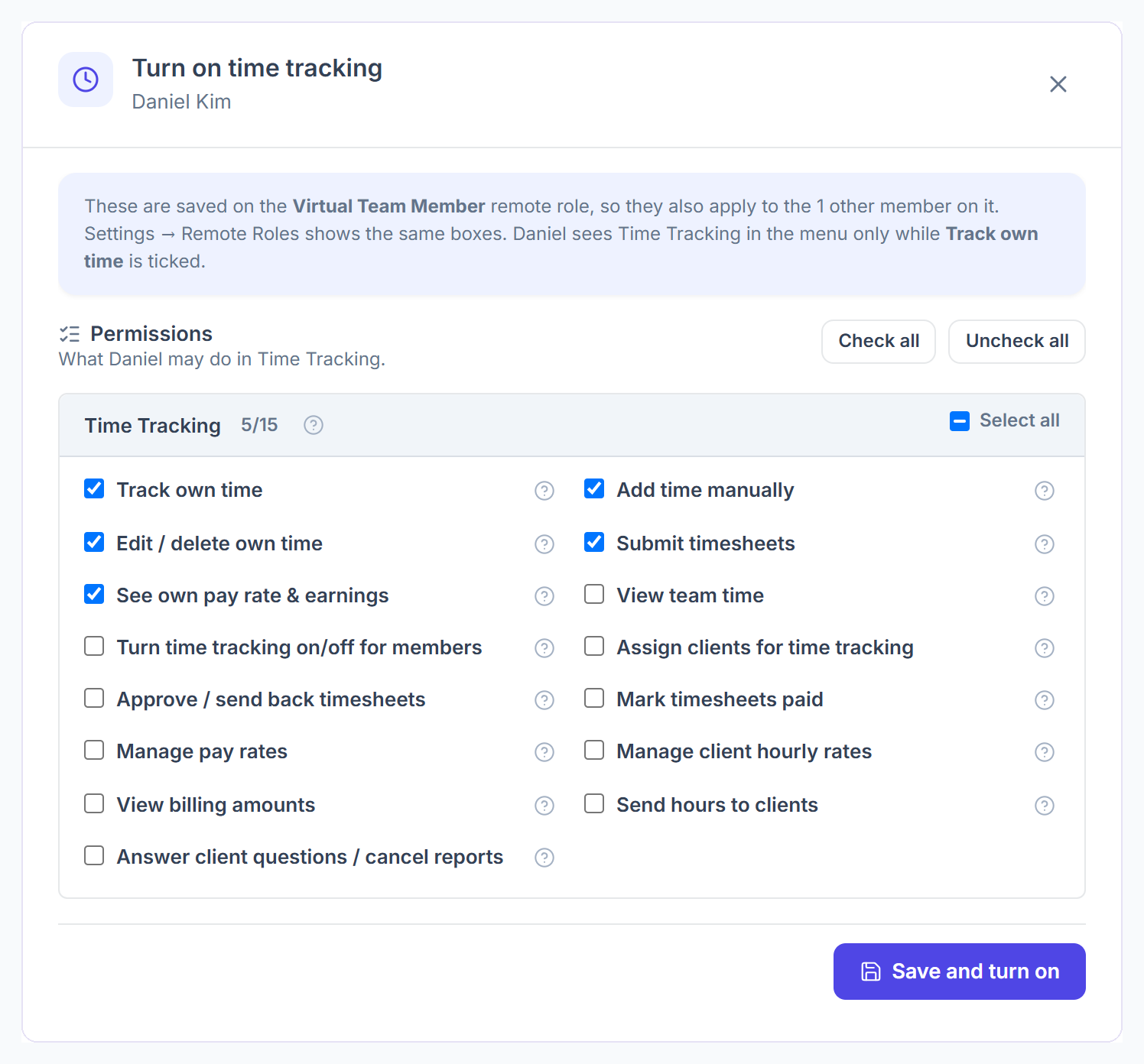 Turn on time tracking dialog with the Time Tracking permissions for the member