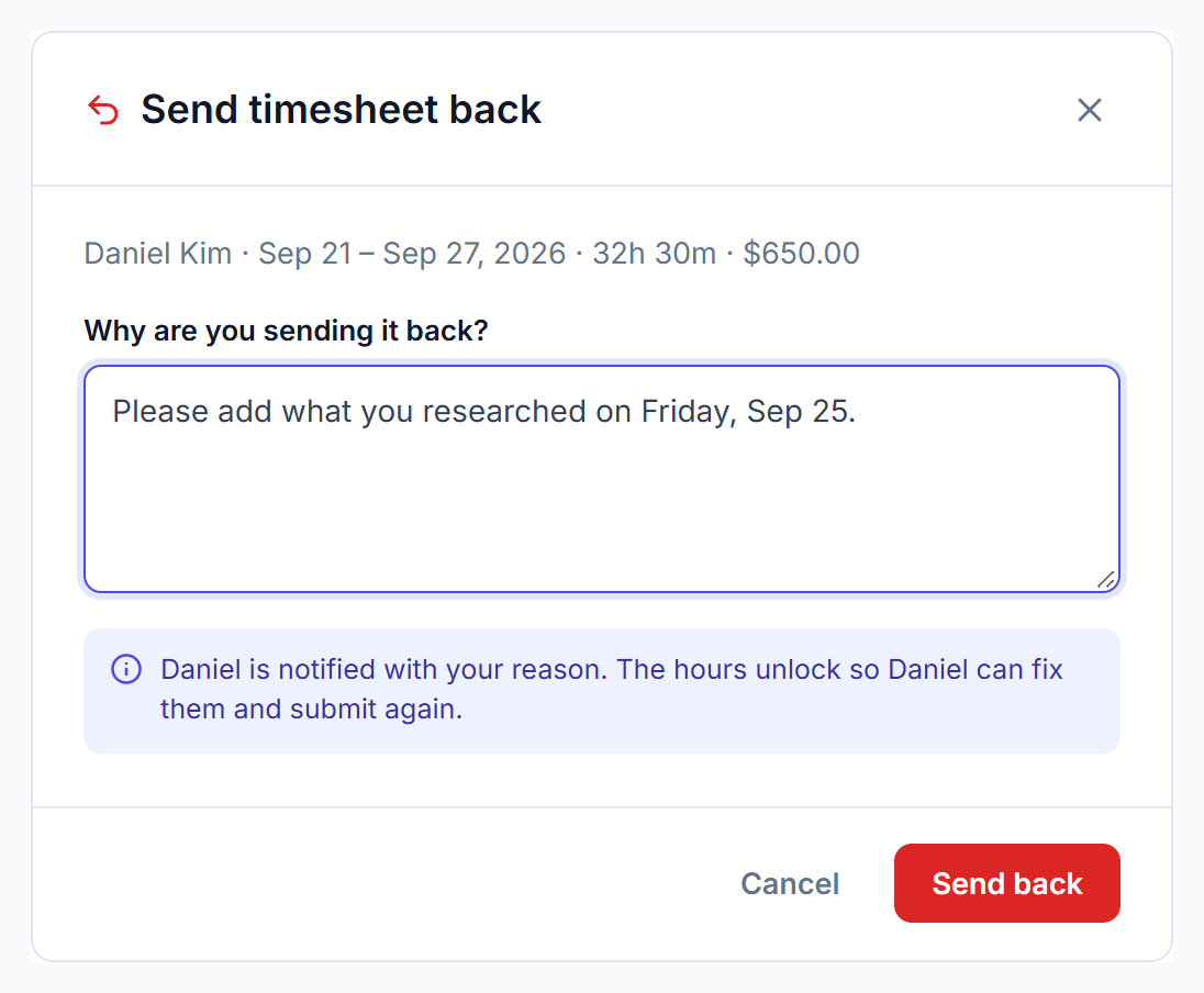 Send timesheet back dialog with the reason for the member