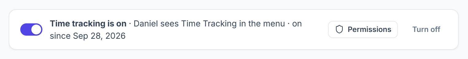 Time tracking is on bar with the Permissions and Turn off buttons