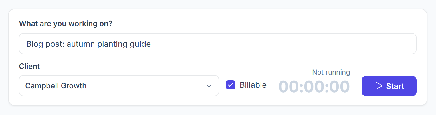 Timer with a description, a client and Billable ticked, ready to start