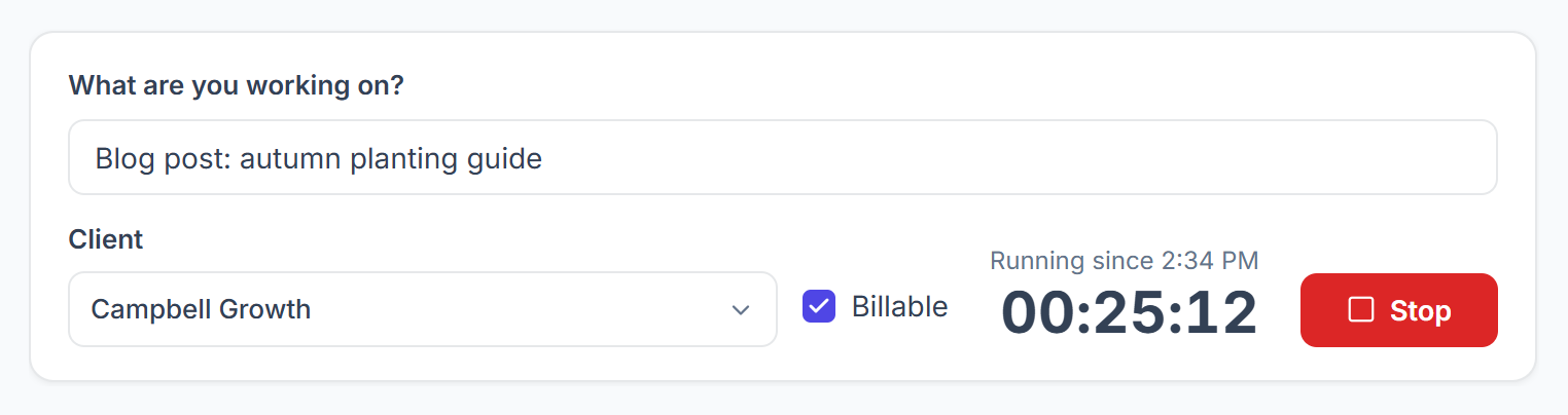 Timer running with the elapsed time and the Stop button