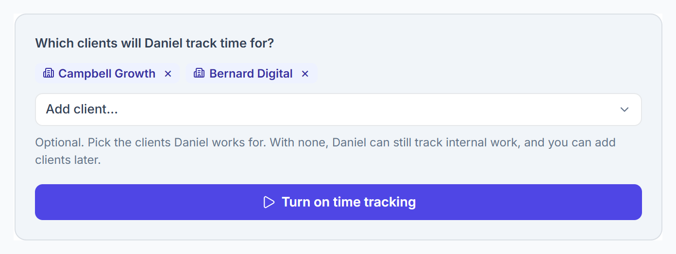 Choosing which clients a remote member tracks time for, with the Turn on time tracking button