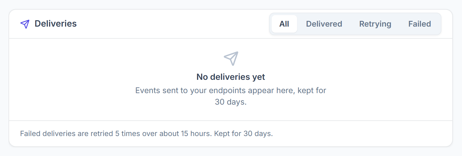 Clientish webhook deliveries log with delivered, retrying and failed filters