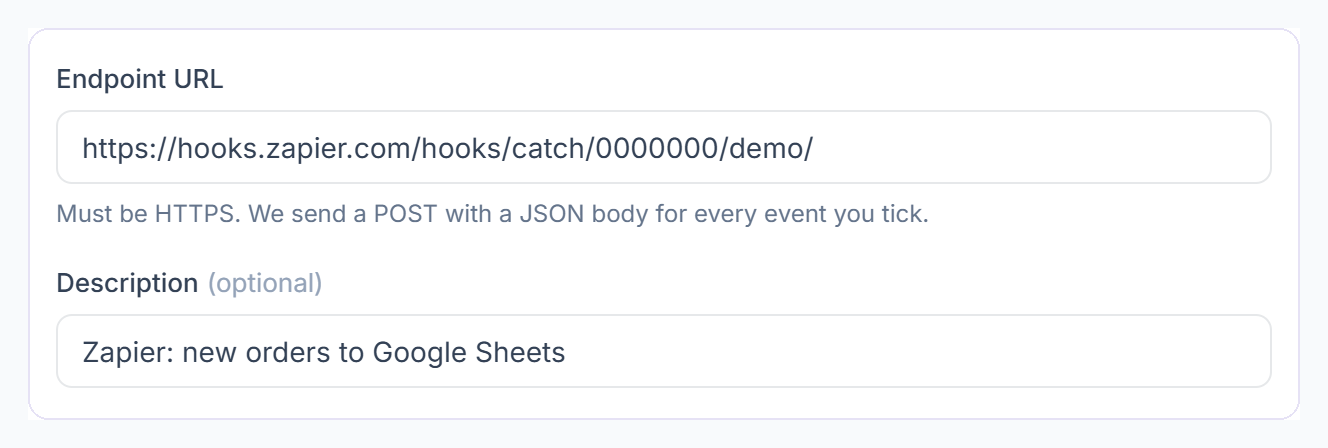 Endpoint URL and description when adding a Clientish webhook