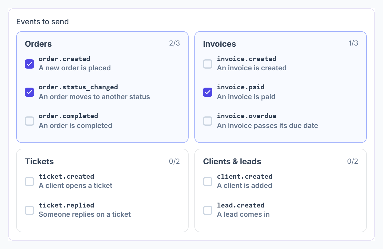 Clientish webhook events: orders, invoices, tickets, clients and leads