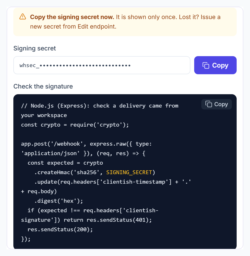 Clientish webhook signing secret shown once, with code to check the signature